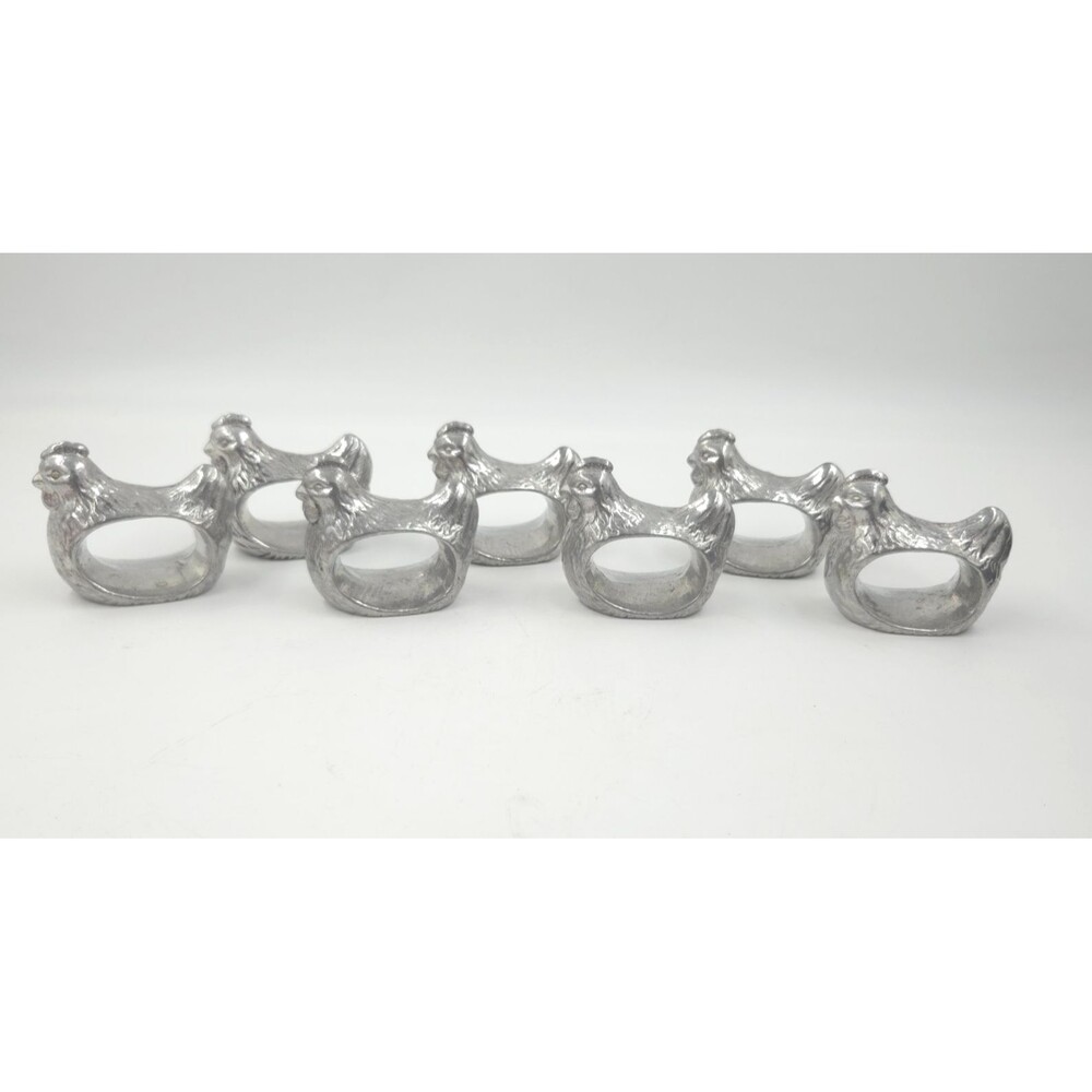 Vintage Napkin Rings COTTAGE CORE Chicken Hen Rooster Handcrafted Pewter Set 7